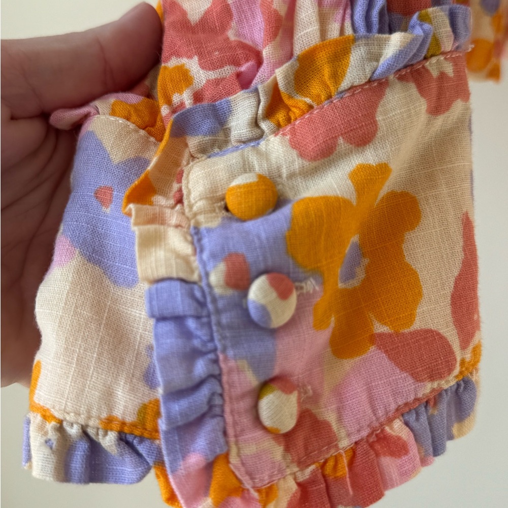 Free People Size Large Floral Smocked Top Cotton Balloon Sleeve Orange Blue Pink - Picture 10 of 16